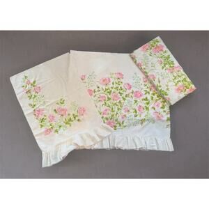 Vintage Martex Twin Sheet Set White Pink Roses Ruffled Hem Cottagecore Feminine